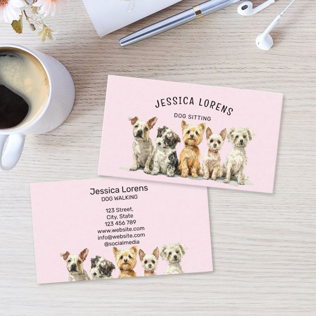 Tarjeta De Visita Cute Dog Sitter, Pet Groomer, Veterinarian, Puppy  (Cute Dog Sitter, Pet Groomer, Veterinarian Business Card with pink background and watercolor puppies)