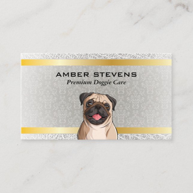 Tarjeta De Visita Cute Doggie Pug | Patrón de Damasco (Anverso)