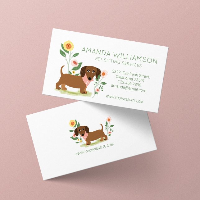 Tarjeta De Visita Cute Floral Dachshund Dog Cuidado de Mascotas (Subido por el creador)