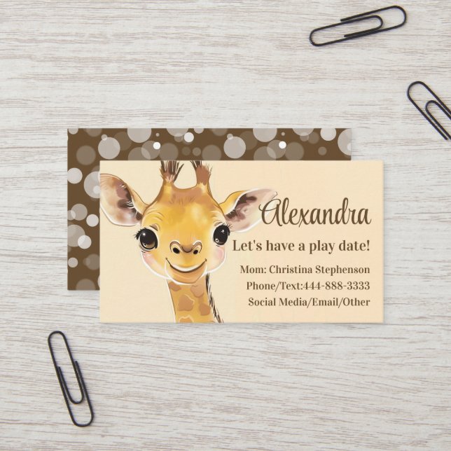 Tarjeta De Visita Cute Giraffe Kids Name Childrens Play Date Calling (Anverso/Reverso In Situ)