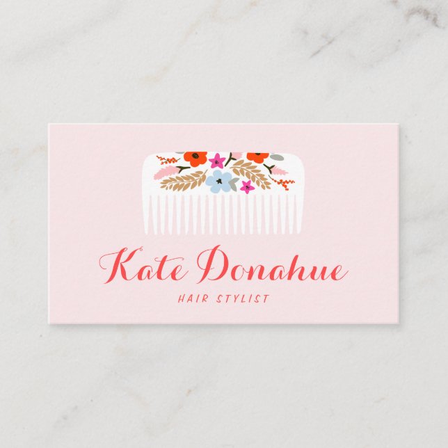 Tarjeta De Visita Cute Girly Pink Hairstylist Floral Comb Hair Salon (Anverso)