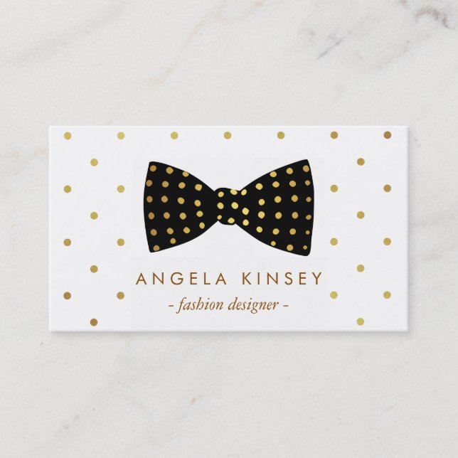 Tarjeta De Visita Cute Gold Polka Dots Ribbon Bow (Anverso)