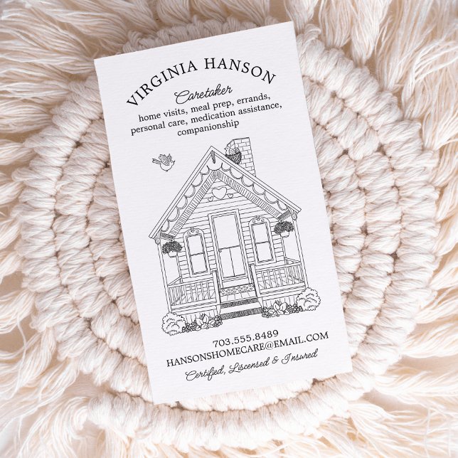 Tarjeta De Visita Cute House One Side Caregiver (Cute black and white caregiver illustrated business card.)