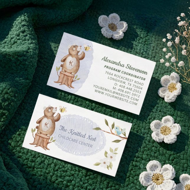 Tarjeta De Visita Cute Knitus Woodland Bear Fun Babysitter Daycare (Cute Knitted Woodland Bear Fun Babysitter Daycare Business Card)