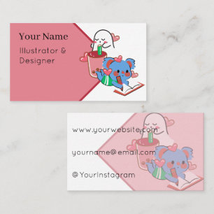 Tarjeta De Visita Cute Koala Azul Escribiendo & Fantasma Durmiendo c