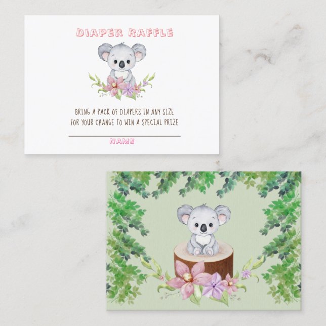 Tarjeta De Visita Cute Koala Chica del oso Diaper Raffle Baby Shower (Anverso / Reverso)
