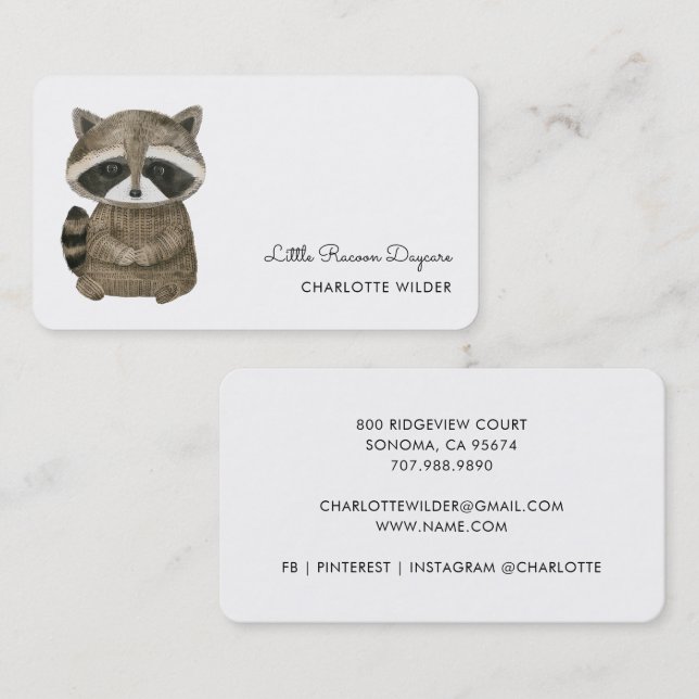 Tarjeta De Visita Cute Little Raccoon Daycare Business Card (Anverso / Reverso)