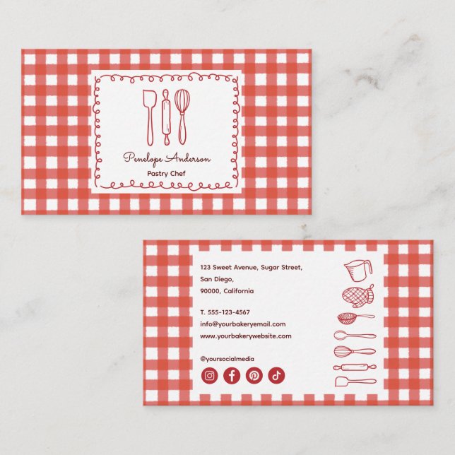 Tarjeta De Visita Cute Modern Farmhouse Gingham Social Icons (Anverso / Reverso)