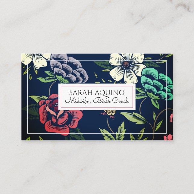 Tarjeta De Visita Cute Monograma Floral Doula Partera Encargado de N (Anverso)