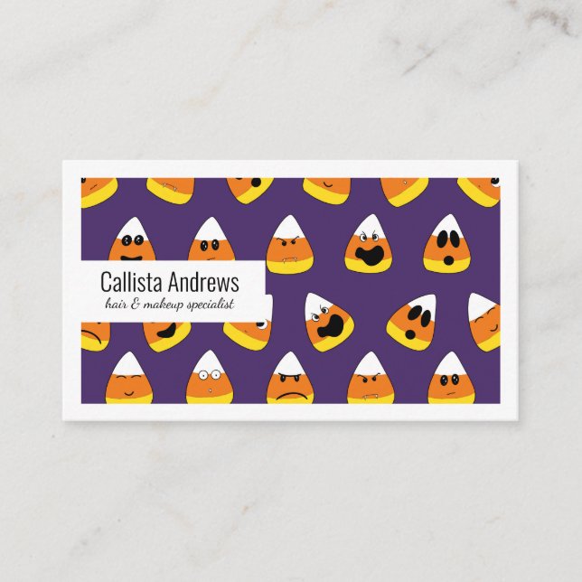 Tarjeta De Visita Cute Naranja Morado Emoji Halloween Candy Corn (Anverso)