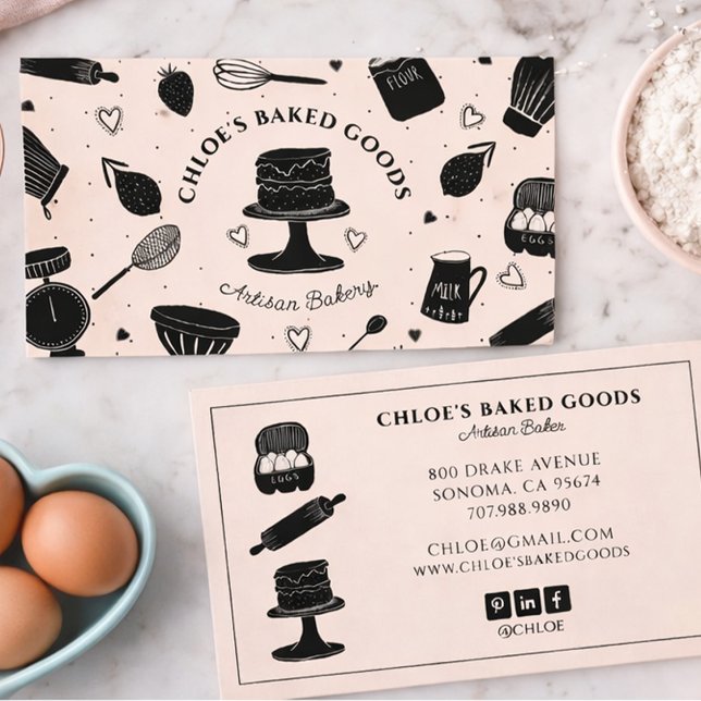 Tarjeta De Visita Cute Pink Black Baking Utensils Bakery (Subido por el creador)