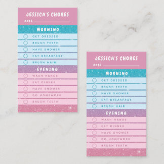 Tarjeta De Visita Cute Pink Blue Glitter Kids Daily Chores