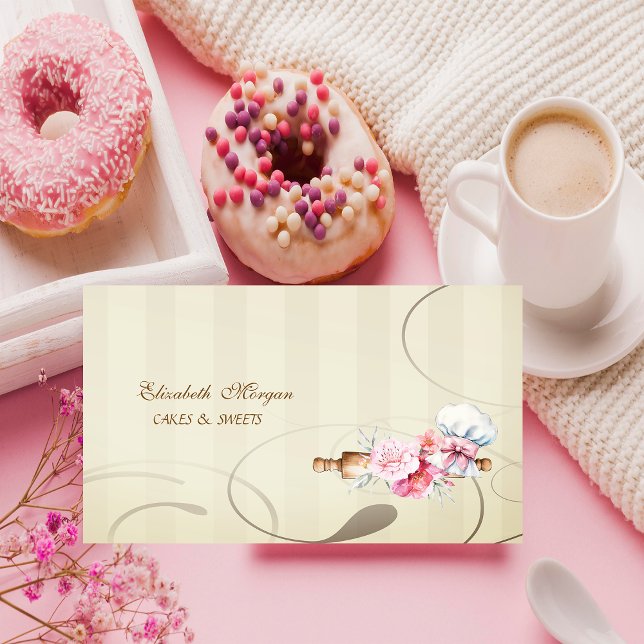 Tarjeta De Visita Cute Rolling Pin Flowers Bakery (Subido por el creador)