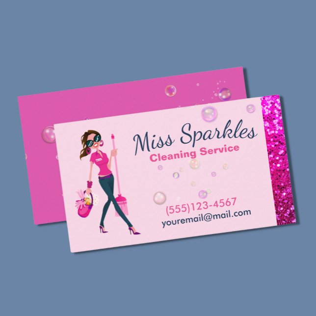 Tarjeta De Visita Cute Sparkle Cartoon Maid House Cleaning Service (Subido por el creador)