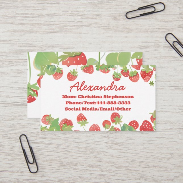Tarjeta De Visita Cute Strawberry Kids Girls Name Play Date Calling (Anverso/Reverso In Situ)