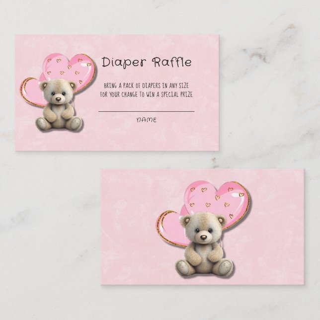 Tarjeta De Visita Cute Teddy Bear Pink Gold Balloon Diaper Raffle (Anverso / Reverso)
