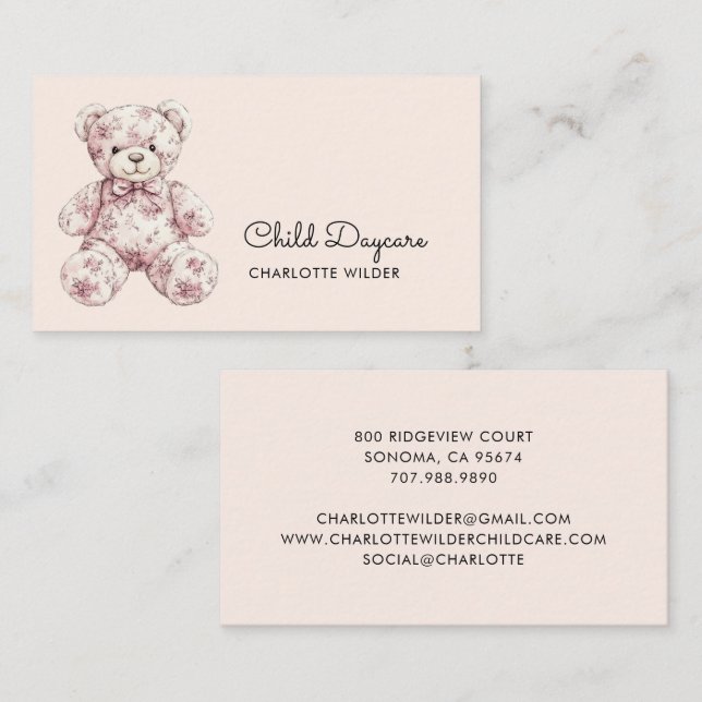 Tarjeta De Visita Cute Toile Teddy Bear Daycare (Anverso / Reverso)