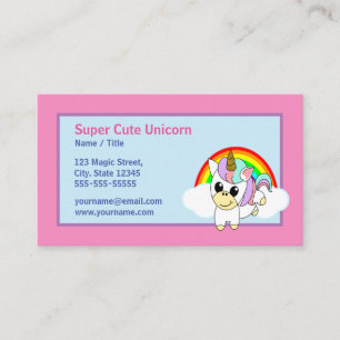 Tarjeta De Visita Cute Unicornio. Arcoiris y fondo rosado