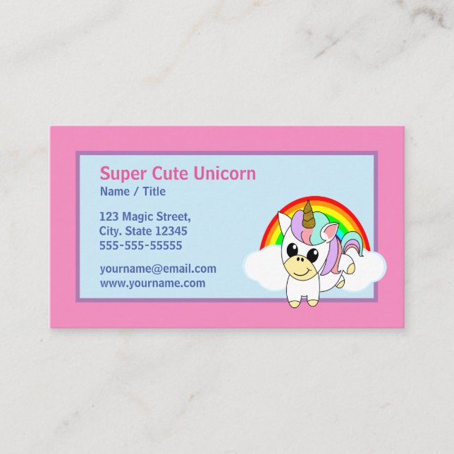 Tarjeta De Visita Cute Unicornio. Arcoiris y fondo rosado (Anverso)