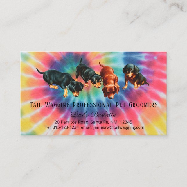 Tarjeta De Visita Dachshund Mascota Grooming Tie Dyed Orgullo arcoir (Anverso)