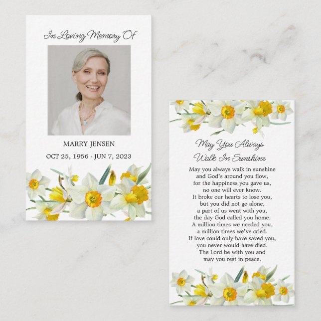 Tarjeta De Visita Daffodil Memorial Photo Funeral Prayer Card (Anverso / Reverso)