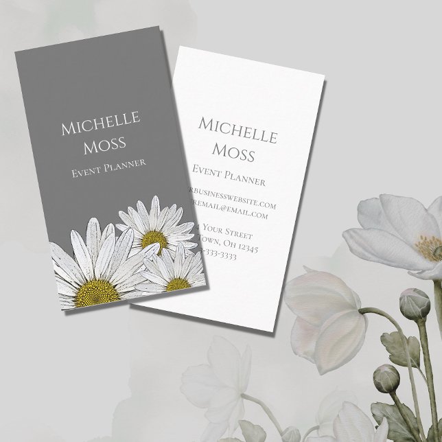 Tarjeta De Visita Daisies blancos modernos gris floral (Subido por el creador)