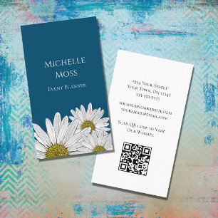 Tarjeta De Visita Daisies modernos código QR Azul floral