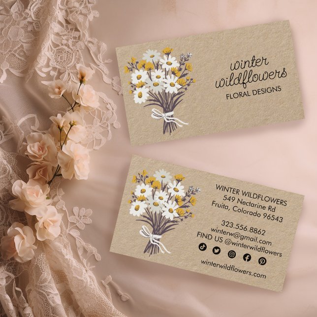 Tarjeta De Visita Daisy Bouquet Elegante y Encantador Iconos Sociale (Daisy Bouquet Elegant Charming Social Media Icons Kraft Business Card Floral
)