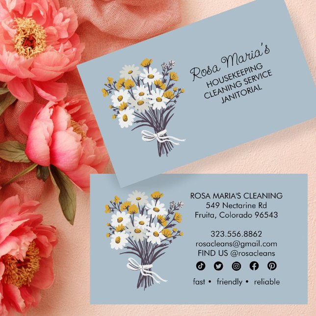 Tarjeta De Visita Daisy Bouquet House Servicio de Limpieza Iconos So (Daisy Bouquet House Cleaning Service Social Icons Business Card
)