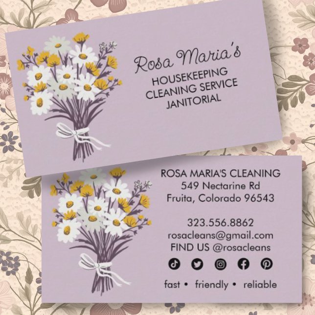 Tarjeta De Visita Daisy Bouquet House Servicio de Limpieza Iconos So (Daisy bouquet decorates this custom business card with social media icons)