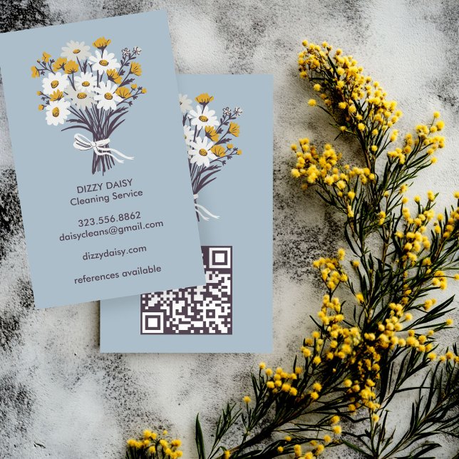 Tarjeta De Visita Daisy Bouquet Servicio de Limpieza Cuta Código QR (Daisy Bouquet Cute Cleaning Maid Service QR Code Business Card
)