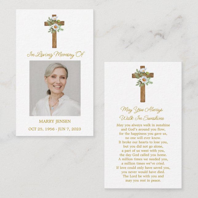 Tarjeta De Visita Daisy Cross Memorial Photo Funeral Prayer Card (Anverso / Reverso)