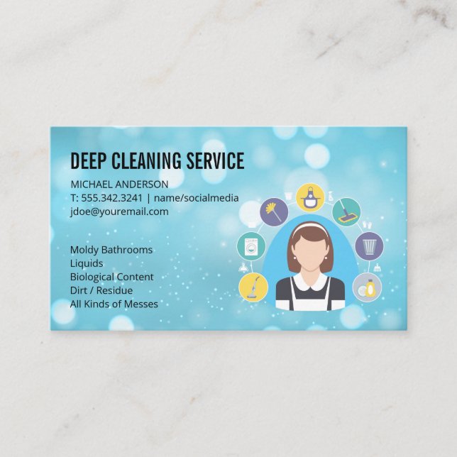 Tarjeta De Visita Dama de limpieza | Iconos de servicios de limpieza (Anverso)