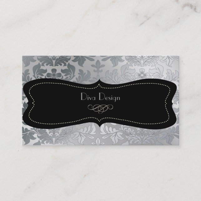 Tarjeta De Visita Damasco barroco falso plateado/negro (Anverso)