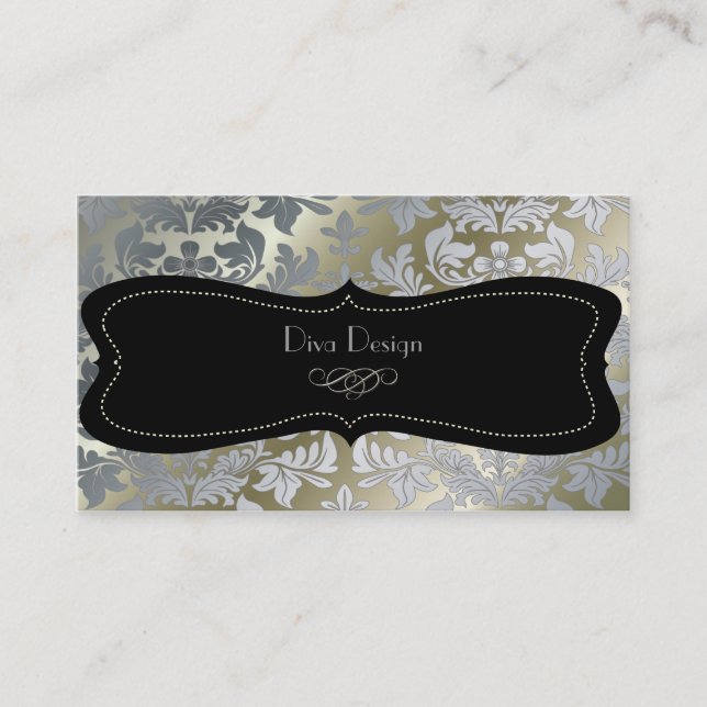Tarjeta De Visita Damasco barroco falso plateado/negro (Anverso)