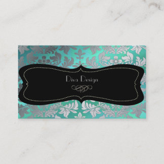 Tarjeta De Visita Damasco barroco falso plateado/negro/verde azulado