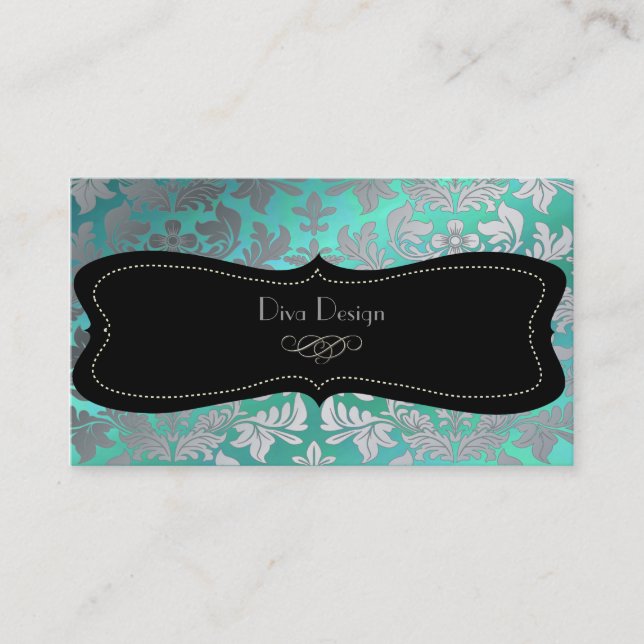 Tarjeta De Visita Damasco barroco falso plateado/negro/verde azulado (Anverso)