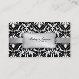 Tarjeta De Visita Damasco blanco y negro moderno elegante con plata