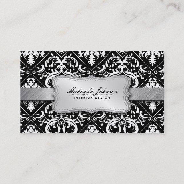 Tarjeta De Visita Damasco blanco y negro moderno elegante con plata (Anverso)