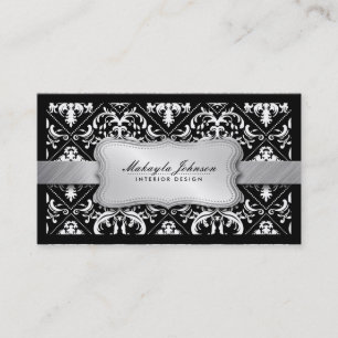Tarjeta De Visita Damasco blanco y negro moderno elegante con plata
