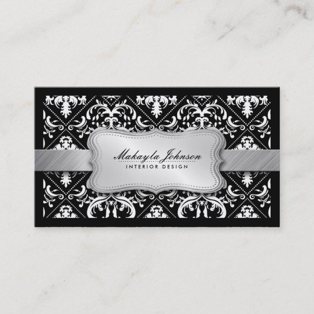 Tarjeta De Visita Damasco blanco y negro moderno elegante con plata (Anverso)