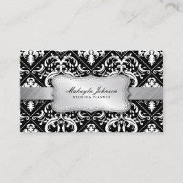 Tarjeta De Visita Damasco blanco y negro moderno elegante con plata