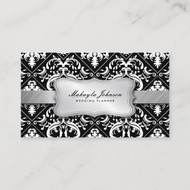 Tarjeta De Visita Damasco blanco y negro moderno elegante con plata (Anverso)