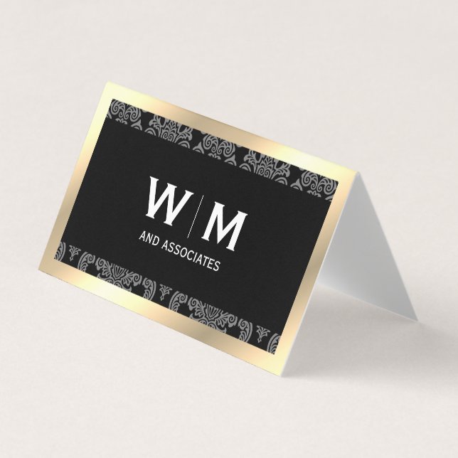 Tarjeta De Visita Damasco de borde dorado de monograma ejecutivo (Anverso)