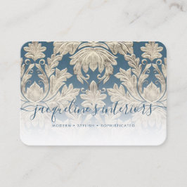 Tarjeta De Visita Damasco de Madera Floral Azul Elegante Francés