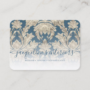 Tarjeta De Visita Damasco de Madera Floral Azul Elegante Francés