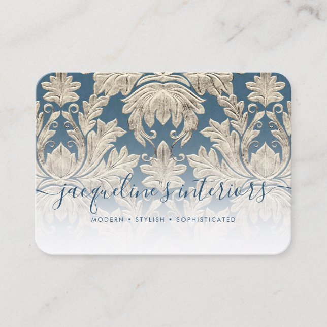 Tarjeta De Visita Damasco de Madera Floral Azul Elegante Francés (Anverso)