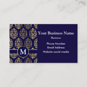 Tarjeta De Visita Damasco de oro y azul oscuro monogramado