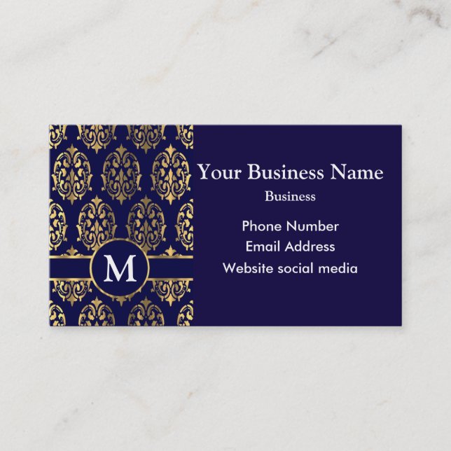Tarjeta De Visita Damasco de oro y azul oscuro monogramado (Anverso)
