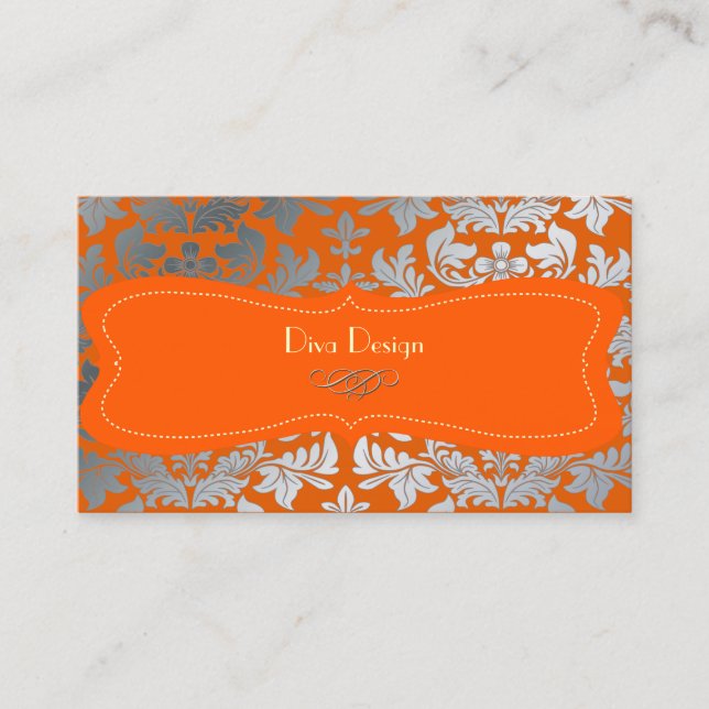 Tarjeta De Visita Damasco de plata/naranja quemado/chocolate (Anverso)
